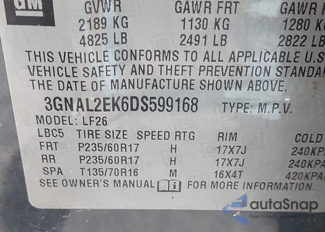 2013 Chevrolet Captiva Sport 2Ls из США, поврежденный, VIN 3GNAL2EK6DS599168